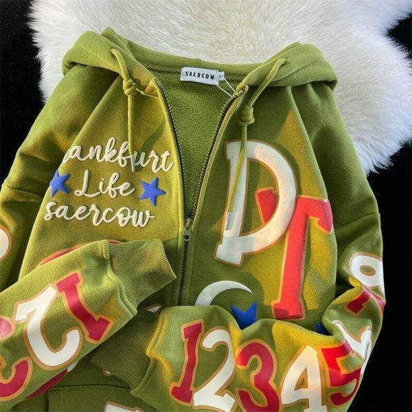 Y2K Oversize Embroidered Zip-Up Hoodie - Kawaii Streetwear Aesthetic