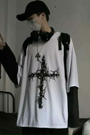 Y2K Oversized Goth Style Cross Print Long Sleeve Shirt