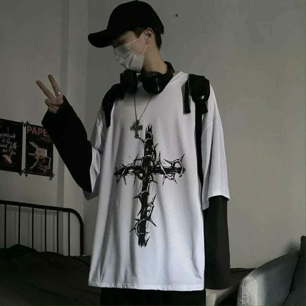 Y2K Oversized Goth Style Cross Print Long Sleeve Shirt