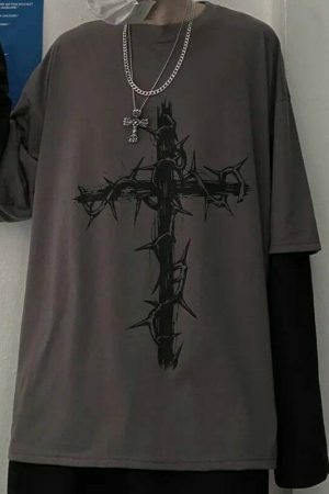 Y2K Oversized Goth Style Cross Print Long Sleeve Shirt