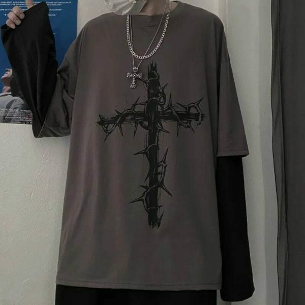 Y2K Oversized Goth Style Cross Print Long Sleeve Shirt