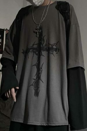 Y2K Oversized Goth Style Cross Print Long Sleeve Shirt