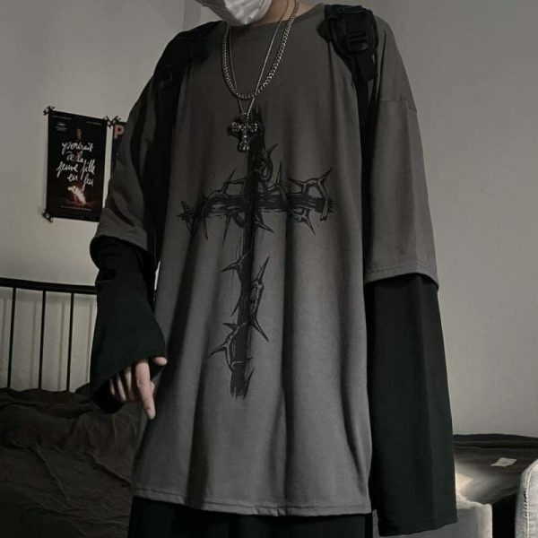 Y2K Oversized Goth Style Cross Print Long Sleeve Shirt