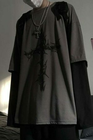 Y2K Oversized Goth Style Cross Print Long Sleeve Shirt