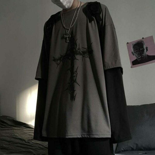 Y2K Oversized Goth Style Cross Print Long Sleeve Shirt