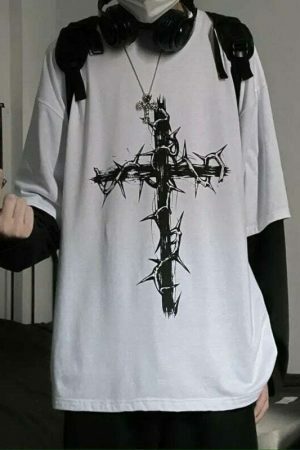 Y2K Oversized Goth Style Cross Print Long Sleeve Shirt