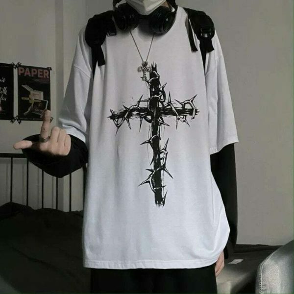 Y2K Oversized Goth Style Cross Print Long Sleeve Shirt