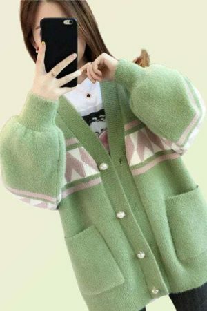 Y2K Oversized Knit Cardigan Vintage Korean Jumper Streetwear Sweater