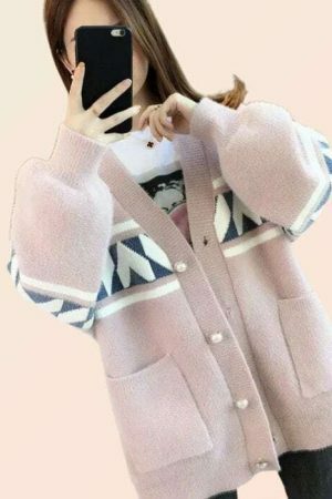 Y2K Oversized Knit Cardigan Vintage Korean Jumper Streetwear Sweater