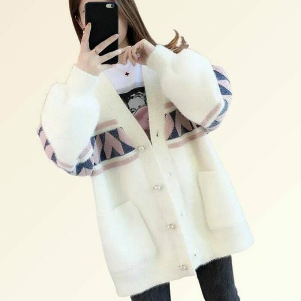 Y2K Oversized Knit Cardigan Vintage Korean Jumper Streetwear Sweater