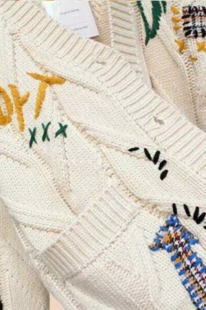 Y2K Oversized Knit Cardigan with Embroidery - Streetwear Fashion