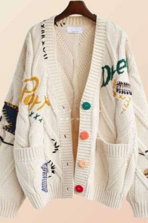 Y2K Oversized Knit Cardigan with Embroidery - Streetwear Fashion