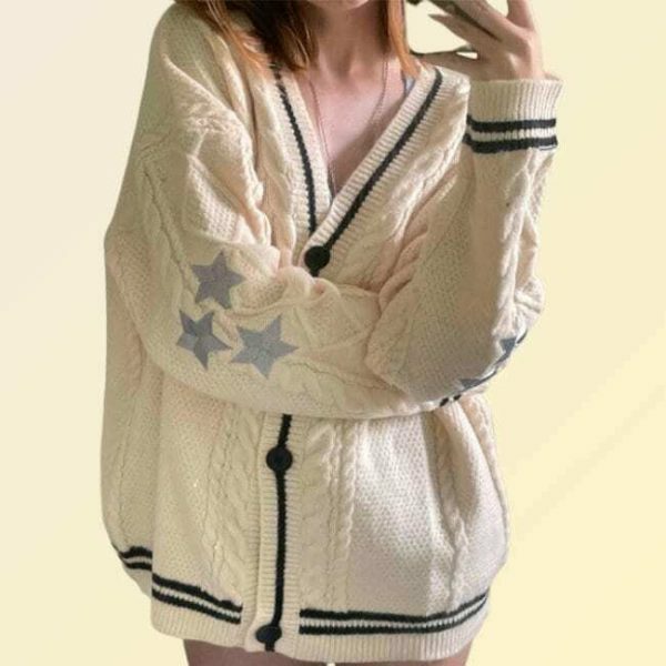 Y2K Oversized Knitted Embroidered Cardigan for Streetwear Fashion