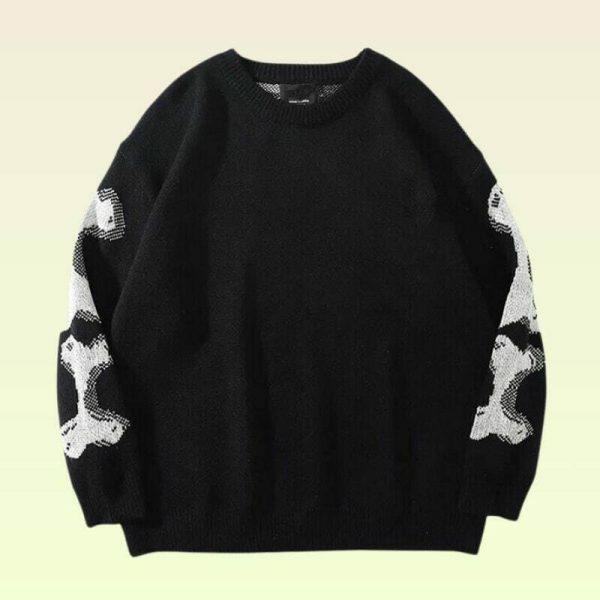 Y2K Oversized Skeleton Knit Sweater - Alt Harajuku Grunge Style