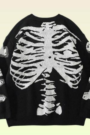 Y2K Oversized Skeleton Knit Sweater - Alt Harajuku Grunge Style