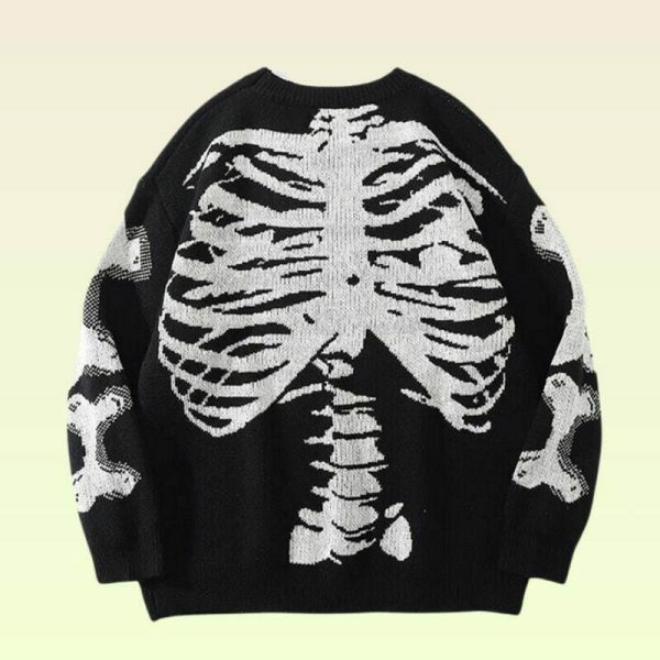 Y2K Oversized Skeleton Knit Sweater - Alt Harajuku Grunge Style