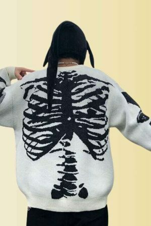 Y2K Oversized Skeleton Knit Sweater - Alt Harajuku Grunge Style