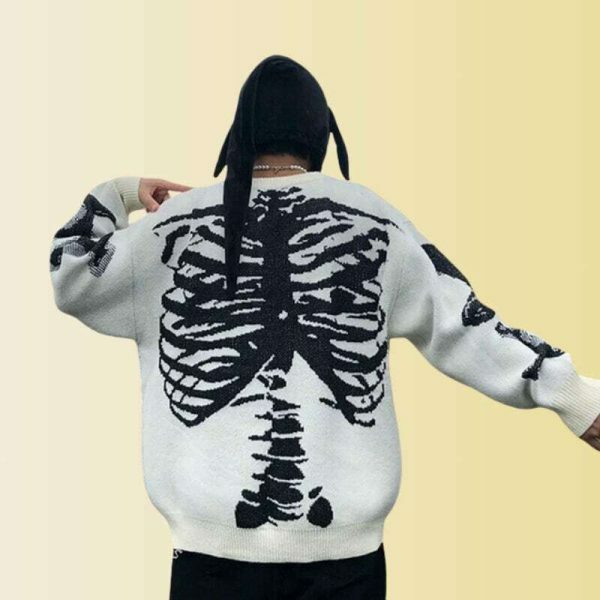 Y2K Oversized Skeleton Knit Sweater - Alt Harajuku Grunge Style