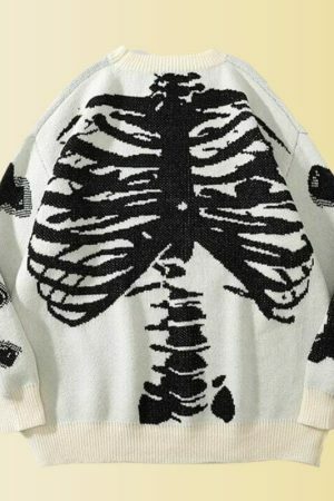 Y2K Oversized Skeleton Knit Sweater - Alt Harajuku Grunge Style