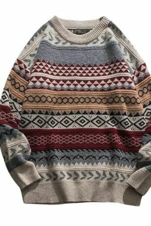 Y2K Oversized Striped Knit Sweater with Ethnic Print