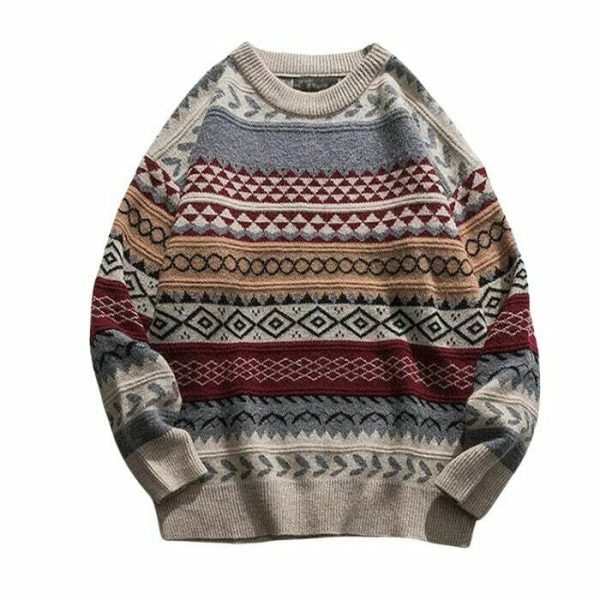 Y2K Oversized Striped Knit Sweater with Ethnic Print