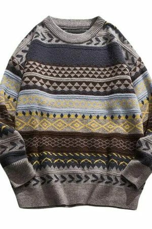 Y2K Oversized Striped Knit Sweater with Ethnic Print