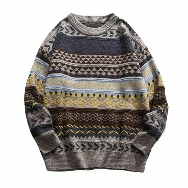 Y2K Oversized Striped Knit Sweater with Ethnic Print