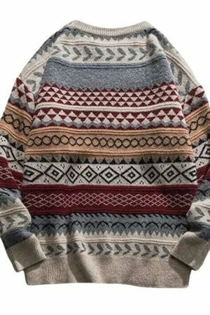 Y2K Oversized Striped Knit Sweater with Ethnic Print