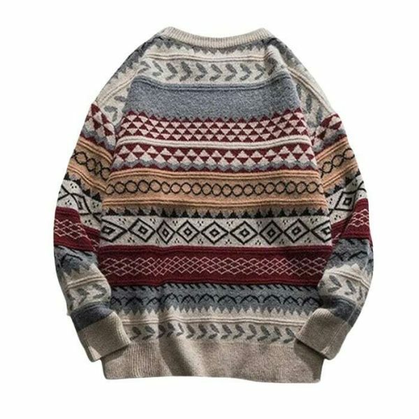 Y2K Oversized Striped Knit Sweater with Ethnic Print