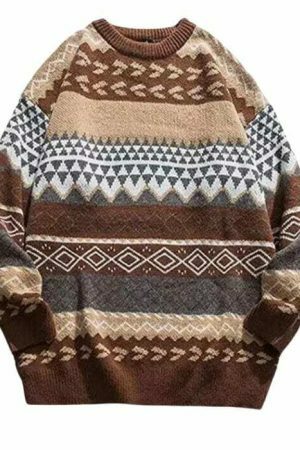 Y2K Oversized Striped Knit Sweater with Ethnic Print