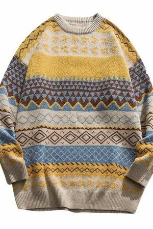 Y2K Oversized Striped Knit Sweater with Ethnic Print