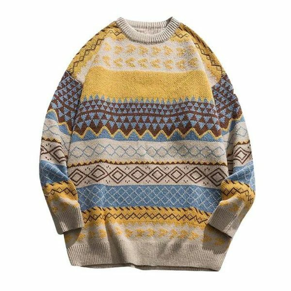 Y2K Oversized Striped Knit Sweater with Ethnic Print