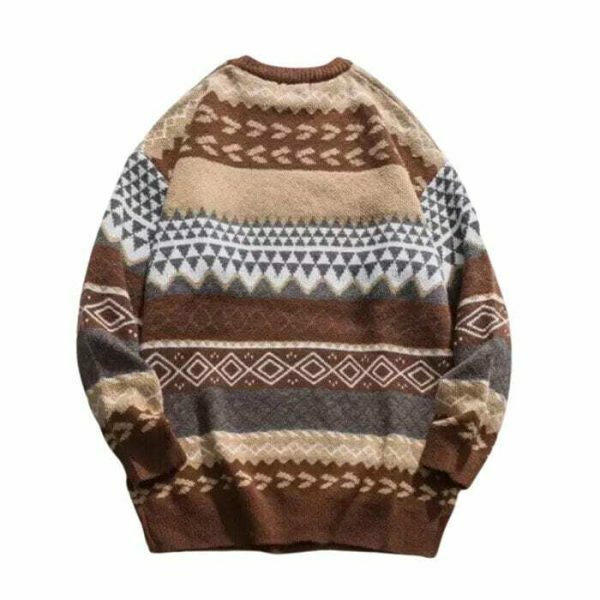 Y2K Oversized Striped Knit Sweater with Ethnic Print