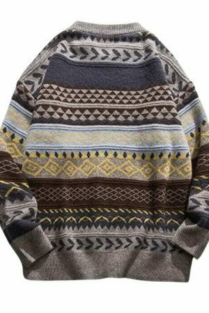 Y2K Oversized Striped Knit Sweater with Ethnic Print