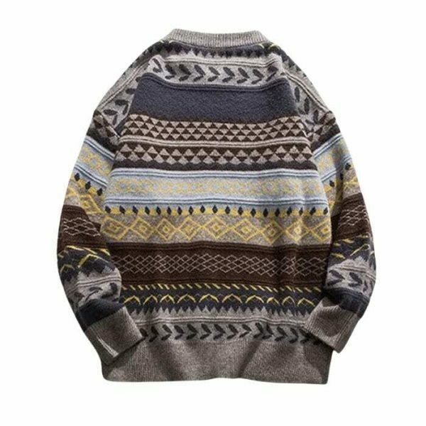 Y2K Oversized Striped Knit Sweater with Ethnic Print