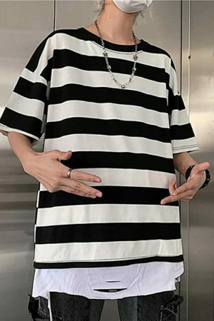 Y2K Oversized Striped Short Sleeve Shirt, Korean Loose Fit Stylish Blouse