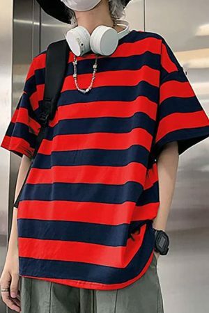 Y2K Oversized Striped Short Sleeve Shirt, Korean Loose Fit Stylish Blouse