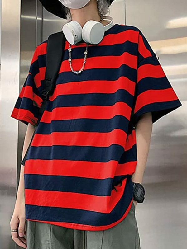 Y2K Oversized Striped Short Sleeve Shirt, Korean Loose Fit Stylish Blouse