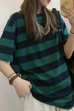 Y2K Oversized Striped Short Sleeve Shirt, Korean Loose Fit Stylish Blouse