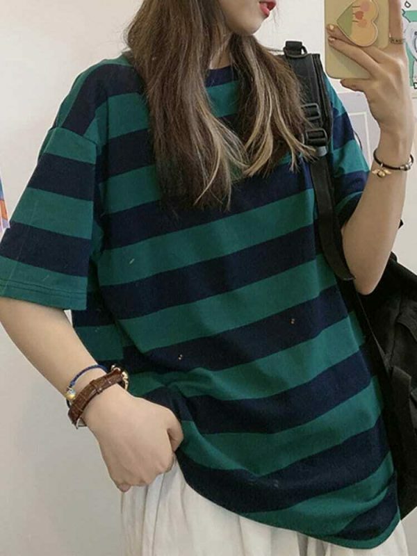 Y2K Oversized Striped Short Sleeve Shirt, Korean Loose Fit Stylish Blouse