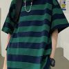 Y2K Oversized Striped Short Sleeve Shirt, Korean Loose Fit Stylish Blouse