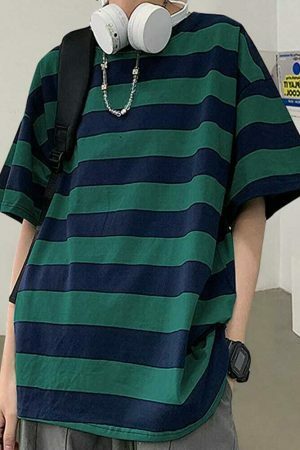 Y2K Oversized Striped Short Sleeve Shirt, Korean Loose Fit Stylish Blouse