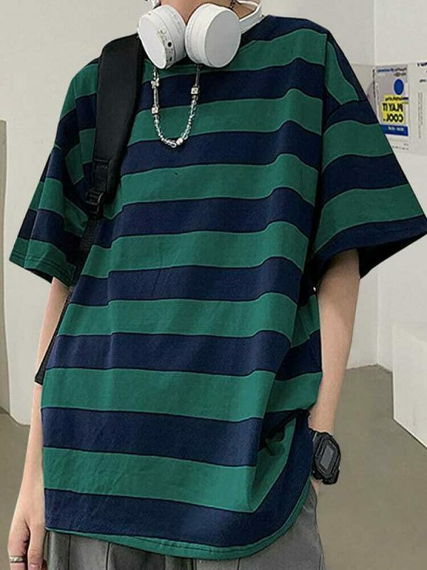 Y2K Oversized Striped Short Sleeve Shirt, Korean Loose Fit Stylish Blouse