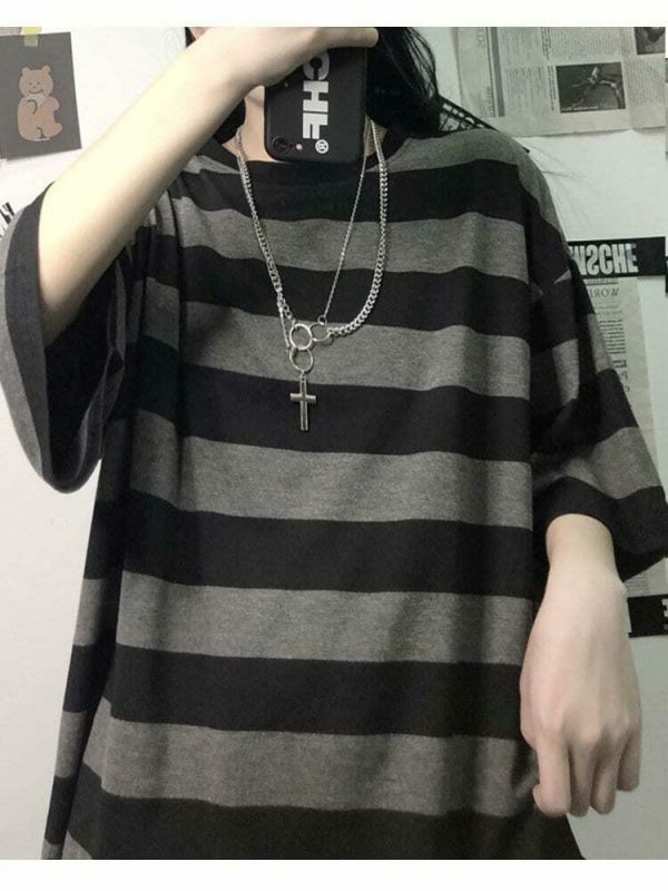 Y2K Oversized Striped Short Sleeve Shirt, Korean Loose Fit Stylish Blouse