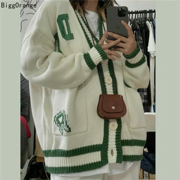 Y2K Oversized Vintage Knit Cardigan with Long Sleeves and V-Neck