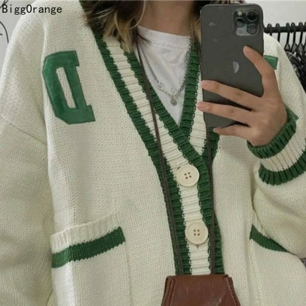 Y2K Oversized Vintage Knit Cardigan with Long Sleeves and V-Neck