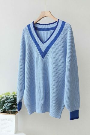 Y2K Oversized Vintage V-Neck Sweater for Streetwear Style