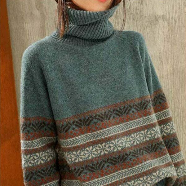 Y2K Oversized Wool Turtleneck Sweater for Streetwear Fashion