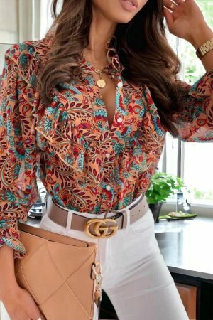 Y2K Paisley Print Sheer Chiffon Button-Up Blouse