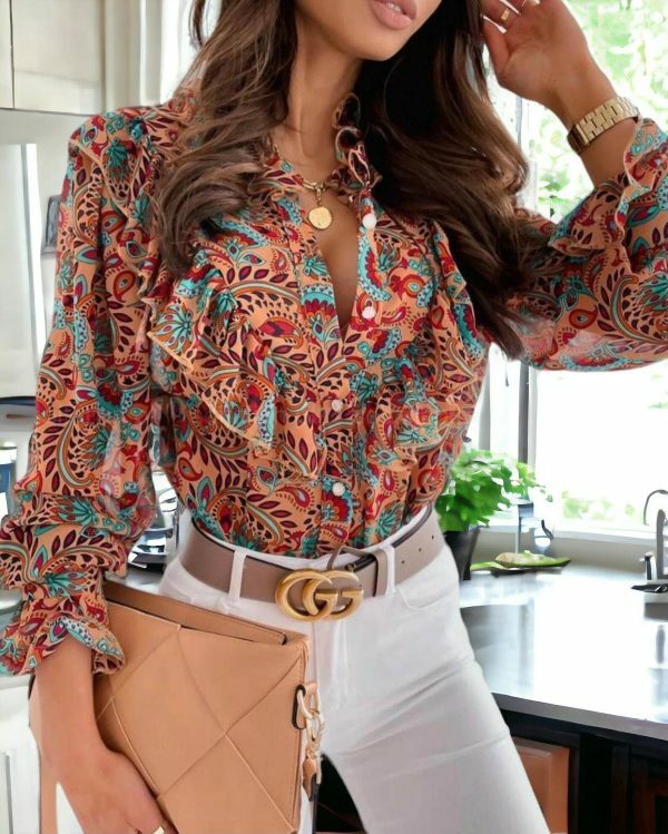 Y2K Paisley Print Sheer Chiffon Button-Up Blouse